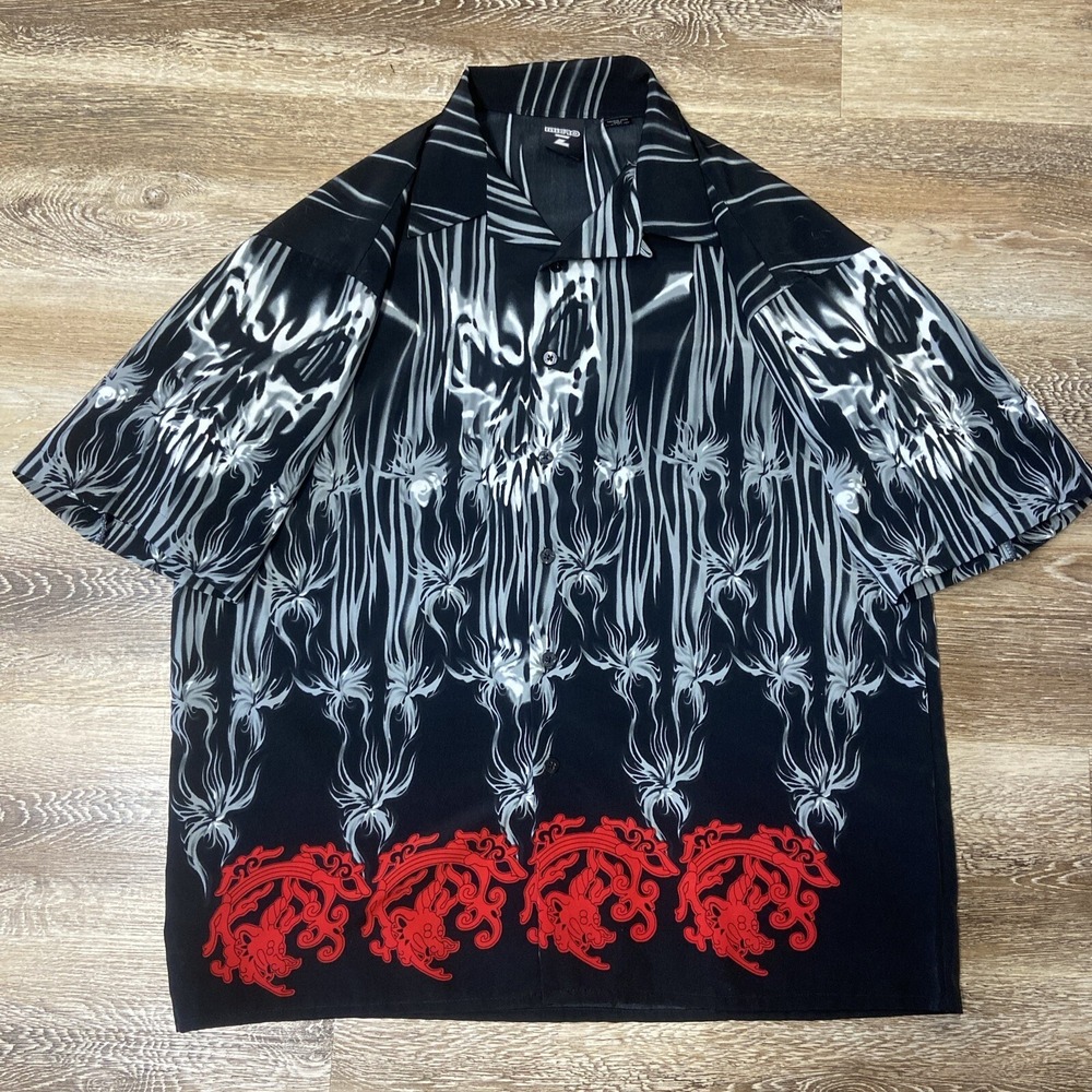 Micro Z Skull Flames Dragon Grunge Button Up All Over Print Collard Tee Sz L
